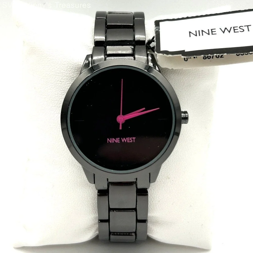 Vintage Y2K Nine West Women's Black Gunmetal Watch Pink Hands NW/2435YF Box